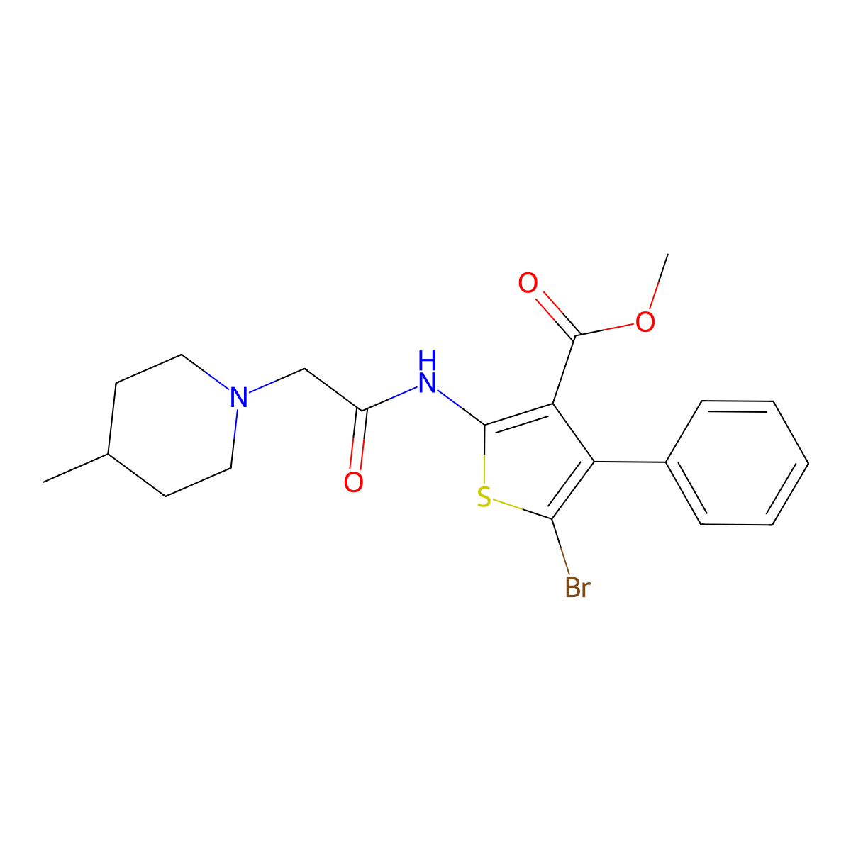 Methyl 5-bromo-2-{[(4-methyl-1-piperidinyl)acetyl]amino}-4-phenyl-3-thiophenecarboxylate molecular structure, CAS 315685-31-5