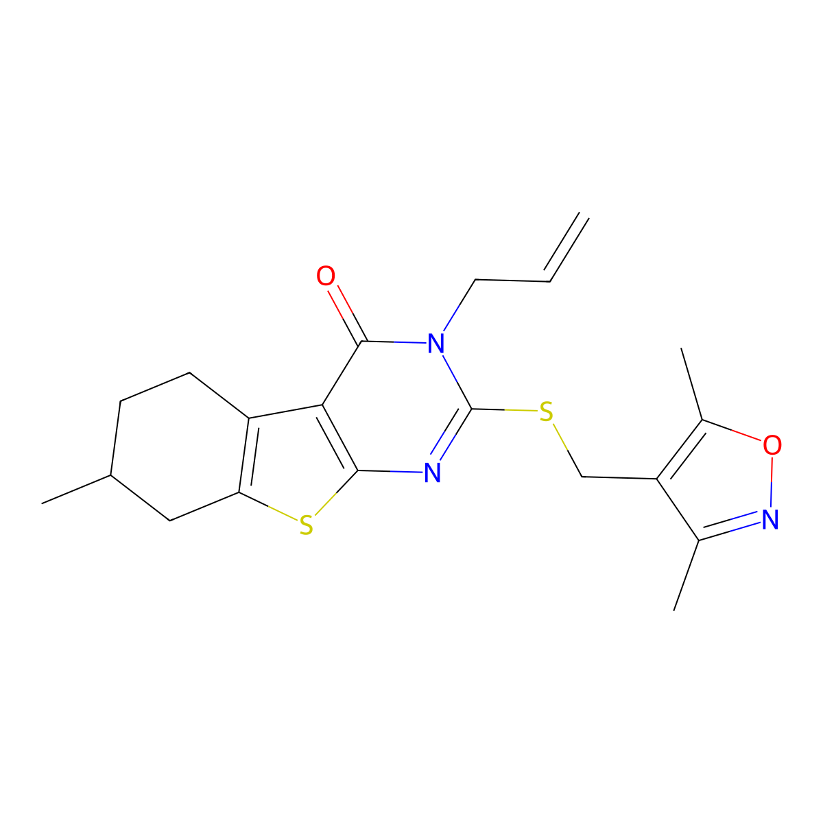 5-{[(3,5-Dimethyl-1,2-oxazol-4-yl)methyl]sulfanyl}-11-methyl-4-(prop-2-en-1-yl)-8-thia-4,6-diazatricyclo[7.4.0.0^{2,7}]trideca-1(9),2(7),5-trien-3-one molecular structure, CAS 315685-64-4