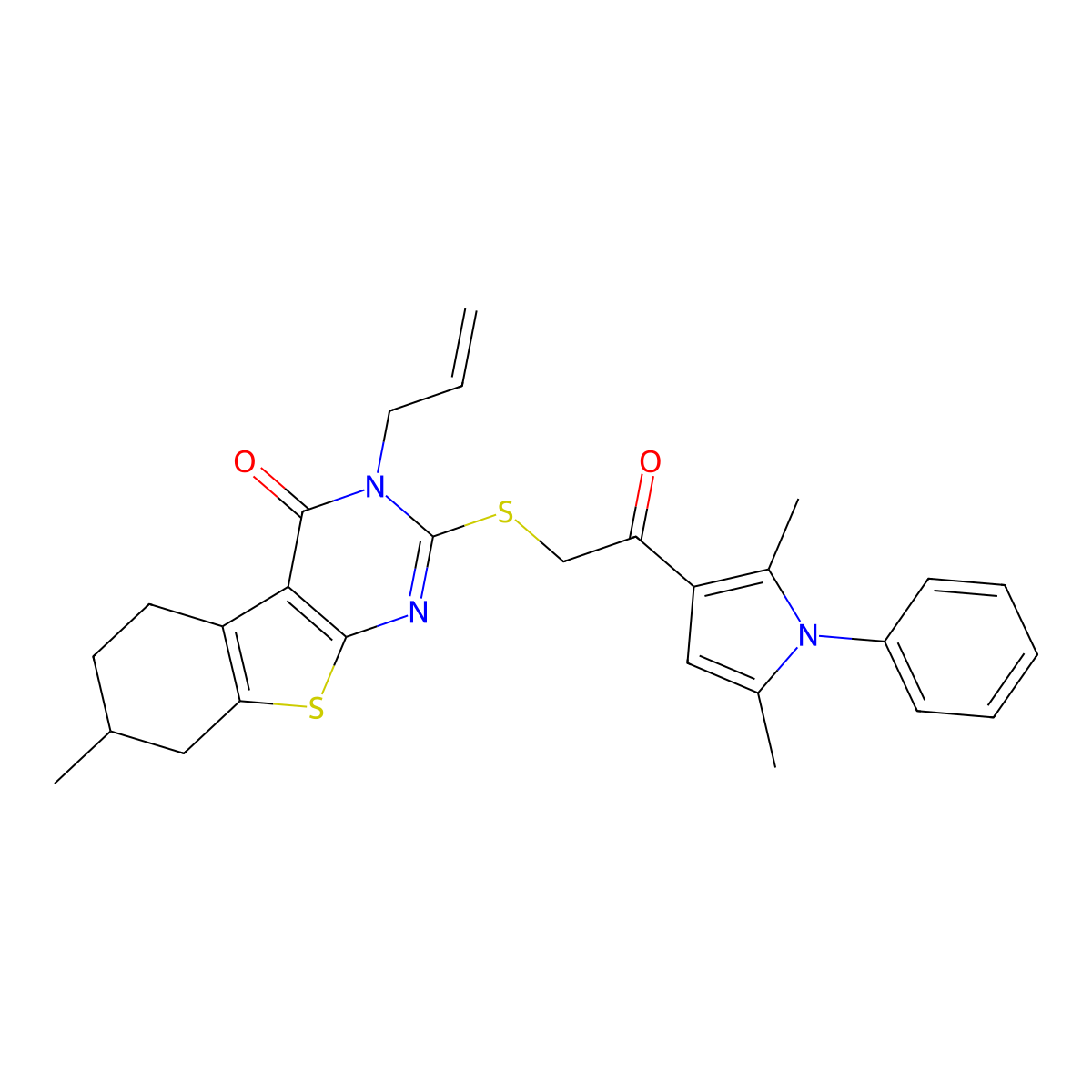 3-Allyl-2-{[2-(2,5-dimethyl-1-phenyl-1H-pyrrol-3-YL)-2-oxoethyl]sulfanyl}-7-methyl-5,6,7,8-tetrahydro[1]benzothieno[2,3-D]pyrimidin-4(3H)-one molecular structure, CAS 315685-65-5