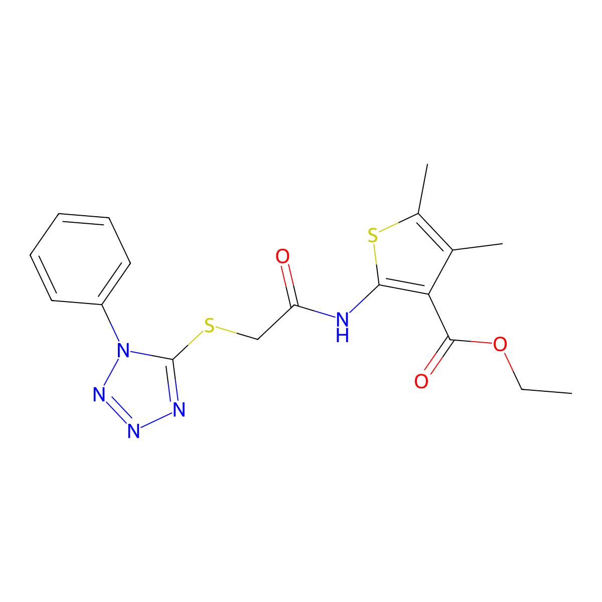 ethyl 4,5-dimethyl-2-{2-[(1-phenyl-1H-1,2,3,4-tetrazol-5-yl)sulfanyl]acetamido}thiophene-3-carboxylate molecular structure, CAS 315685-83-7