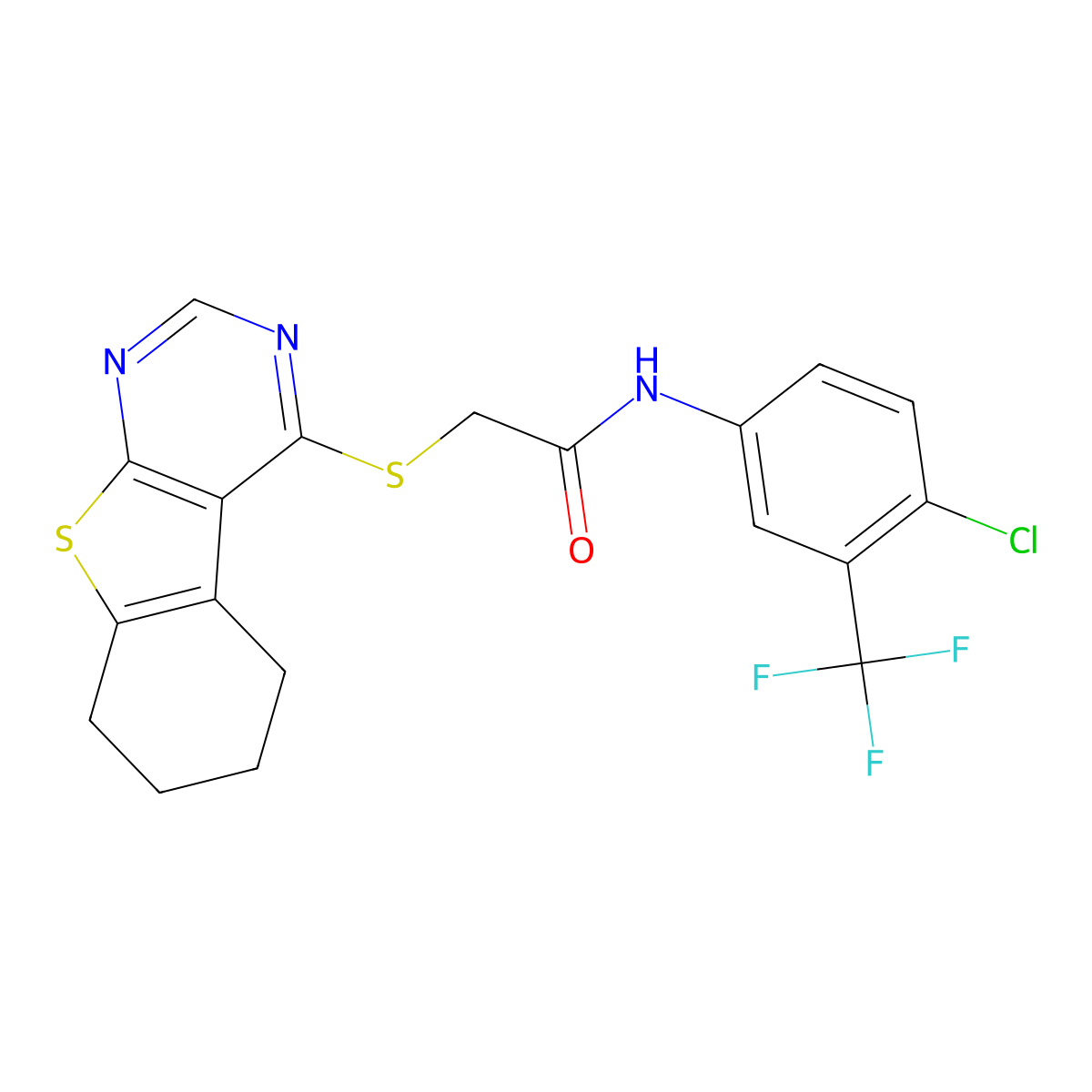 N-[4-chloro-3-(trifluoromethyl)phenyl]-2-(5,6,7,8-tetrahydro-[1]benzothiolo[2,3-d]pyrimidin-4-ylsulfanyl)acetamide molecular structure, CAS 315685-94-0