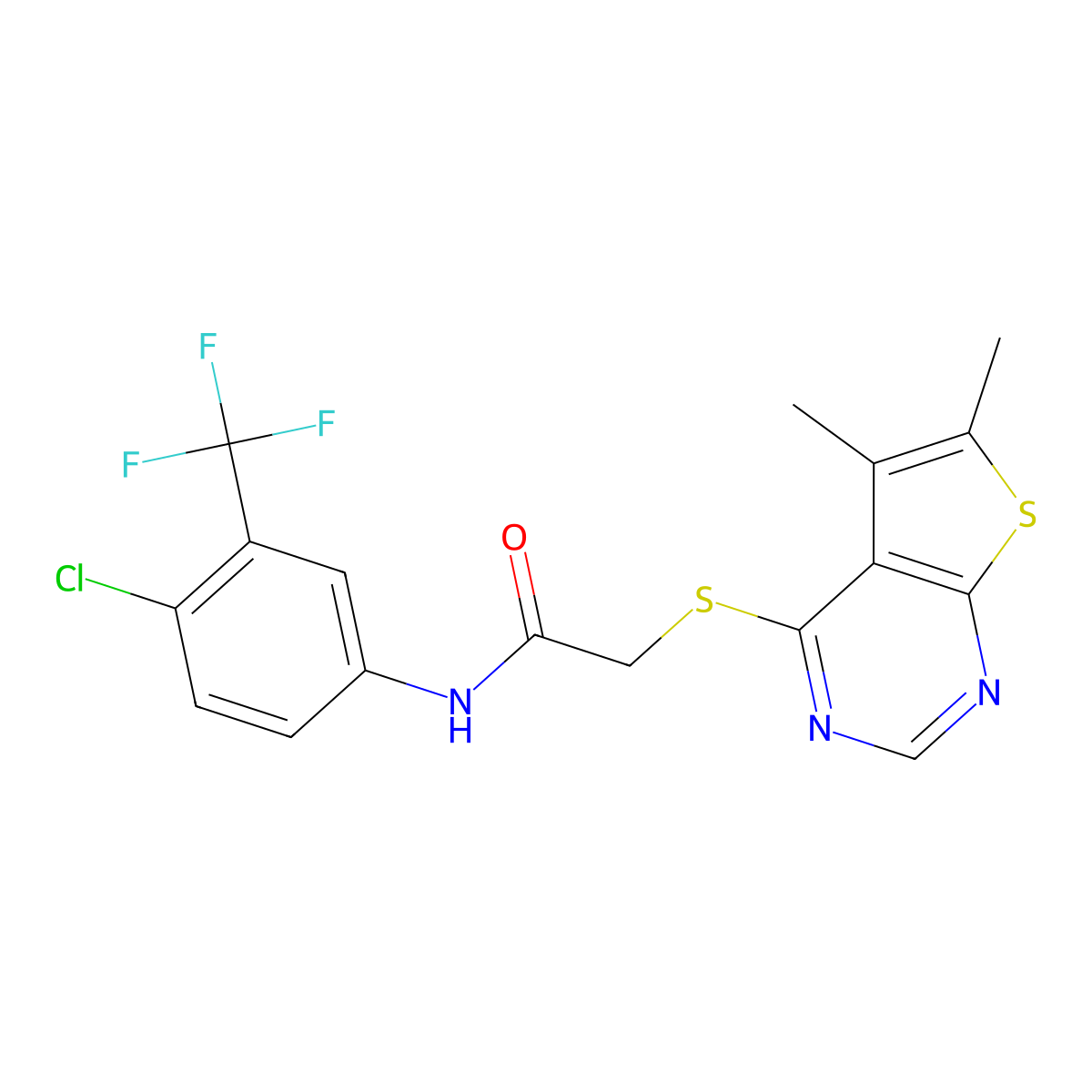 N-[4-chloro-3-(trifluoromethyl)phenyl]-2-(5,6-dimethylthieno[2,3-d]pyrimidin-4-yl)sulfanylacetamide molecular structure, CAS 315691-49-7