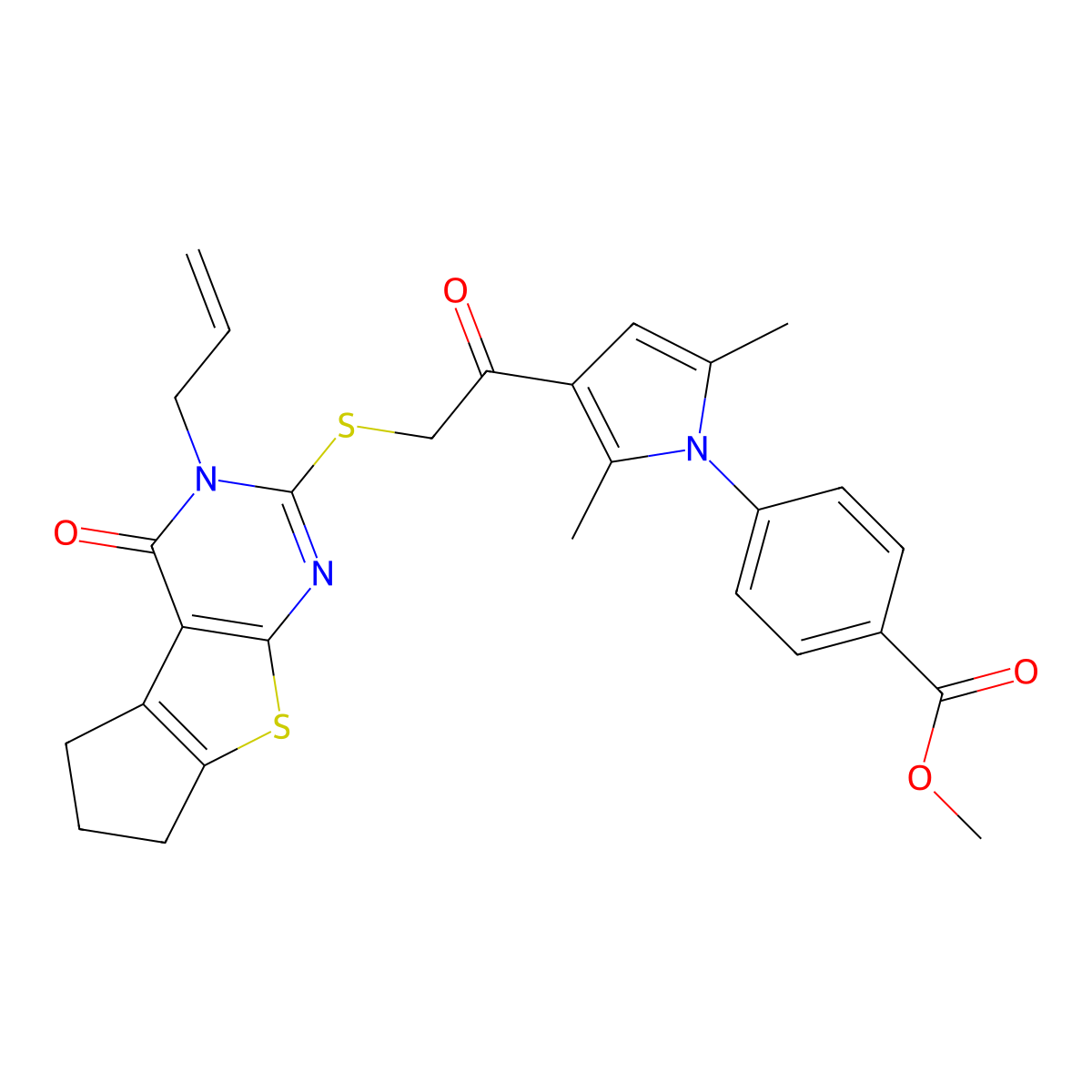 methyl 4-(3-(2-((3-allyl-4-oxo-4,5,6,7-tetrahydro-3H-cyclopenta[4,5]thieno[2,3-d]pyrimidin-2-yl)thio)acetyl)-2,5-dimethyl-1H-pyrrol-1-yl)benzoate molecular structure, CAS 315691-95-3