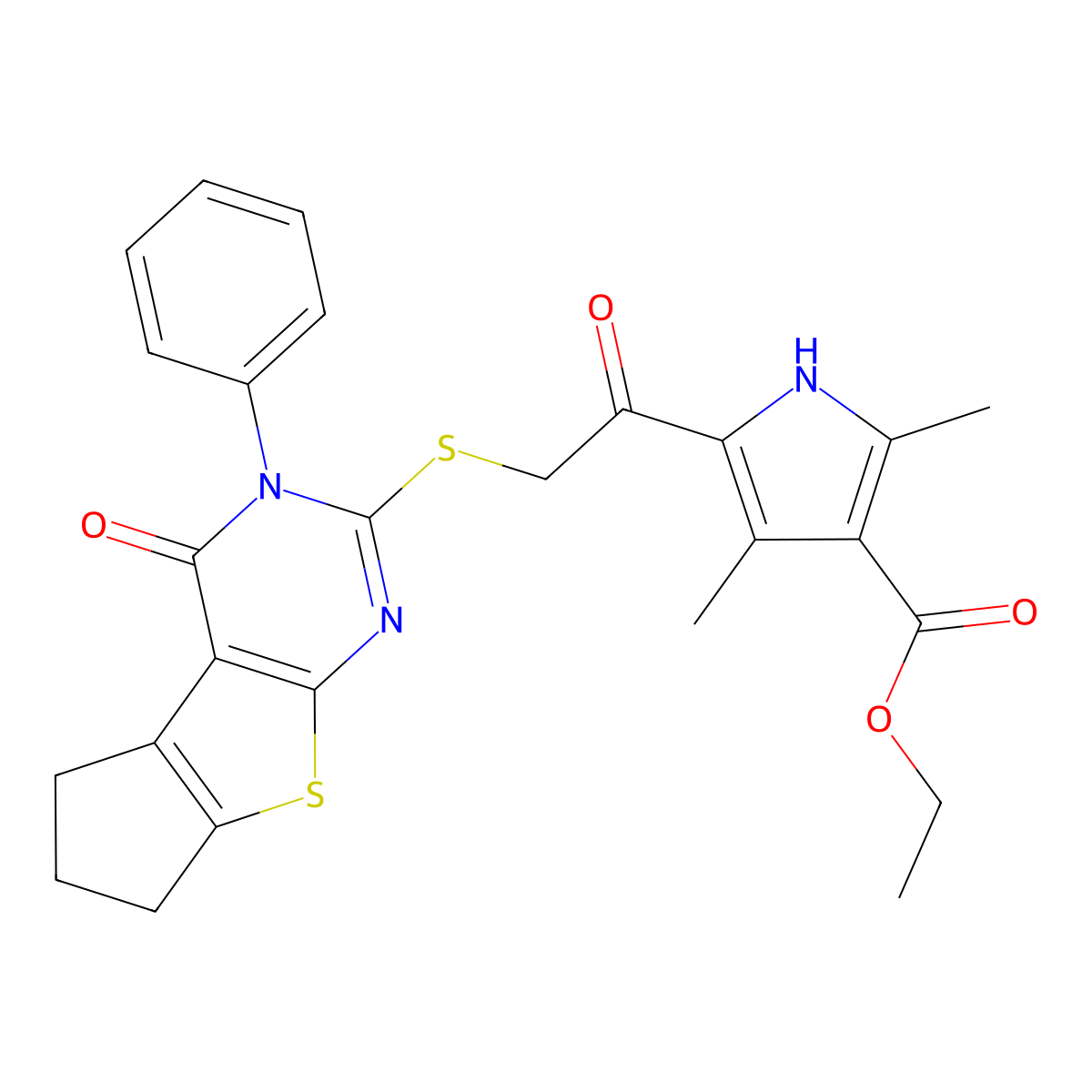 ethyl 2,4-dimethyl-5-[2-({12-oxo-11-phenyl-7-thia-9,11-diazatricyclo[6.4.0.0^{2,6}]dodeca-1(8),2(6),9-trien-10-yl}sulfanyl)acetyl]-1H-pyrrole-3-carboxylate molecular structure, CAS 315691-96-4