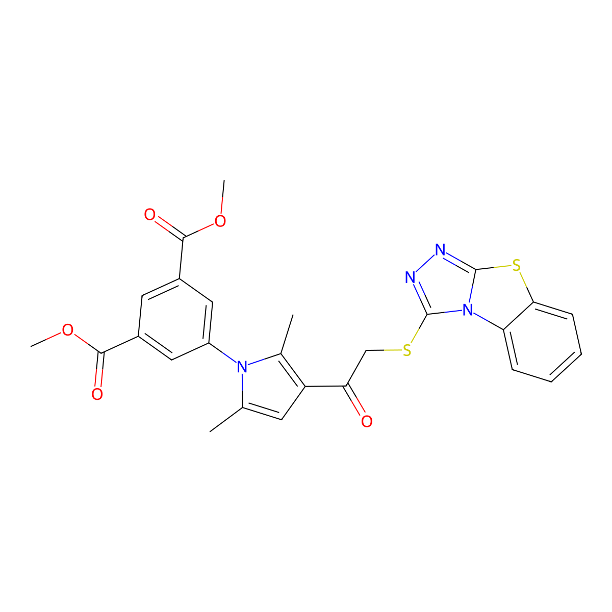 Dimethyl 5-[2,5-dimethyl-3-[2-([1,2,4]triazolo[3,4-b][1,3]benzothiazol-1-ylsulfanyl)acetyl]pyrrol-1-yl]benzene-1,3-dicarboxylate molecular structure, CAS 315692-01-4