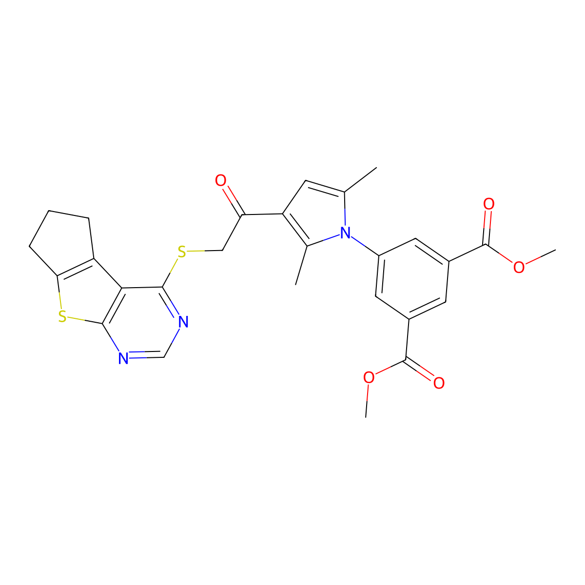 1,3-dimethyl 5-[2,5-dimethyl-3-(2-{7-thia-9,11-diazatricyclo[6.4.0.0^{2,6}]dodeca-1(8),2(6),9,11-tetraen-12-ylsulfanyl}acetyl)-1H-pyrrol-1-yl]benzene-1,3-dicarboxylate molecular structure, CAS 315692-04-7