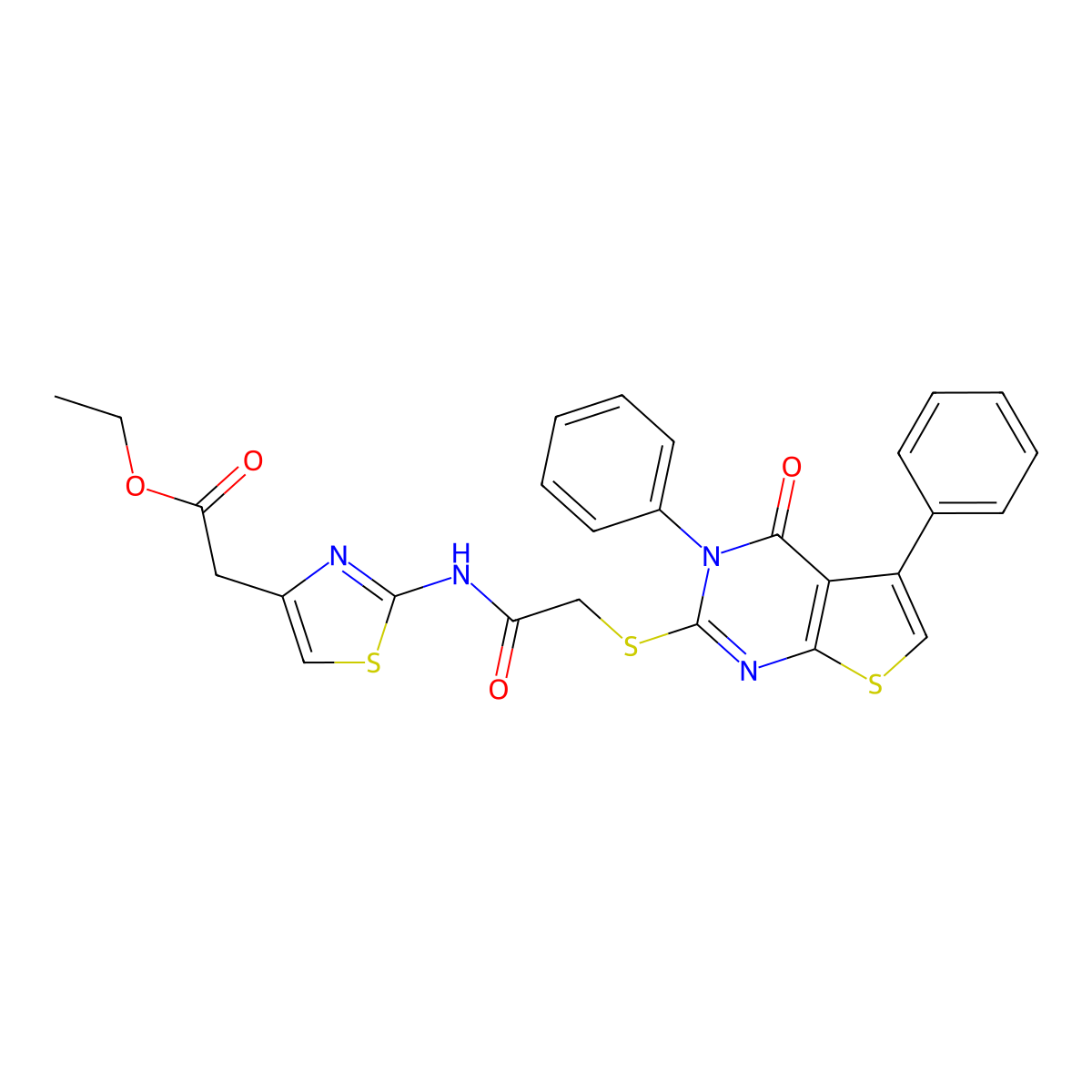 Ethyl 2-(2-(2-((4-oxo-3,5-diphenyl-3,4-dihydrothieno[2,3-d]pyrimidin-2-yl)thio)acetamido)thiazol-4-yl)acetate molecular structure, CAS 315692-09-2