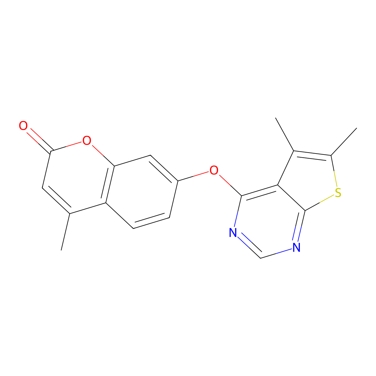 7-(5,6-Dimethyl-thieno[2,3-d]pyrimidin-4-yloxy)-4-methyl-chromen-2-one molecular structure, CAS 315692-49-0