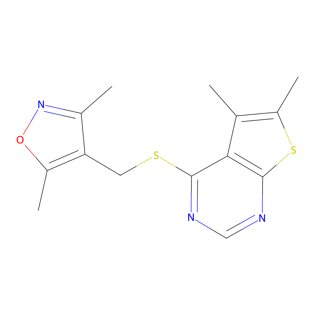 4-(((5,6-Dimethylthieno[2,3-d]pyrimidin-4-yl)thio)methyl)-3,5-dimethylisoxazole molecular structure, CAS 315692-61-6