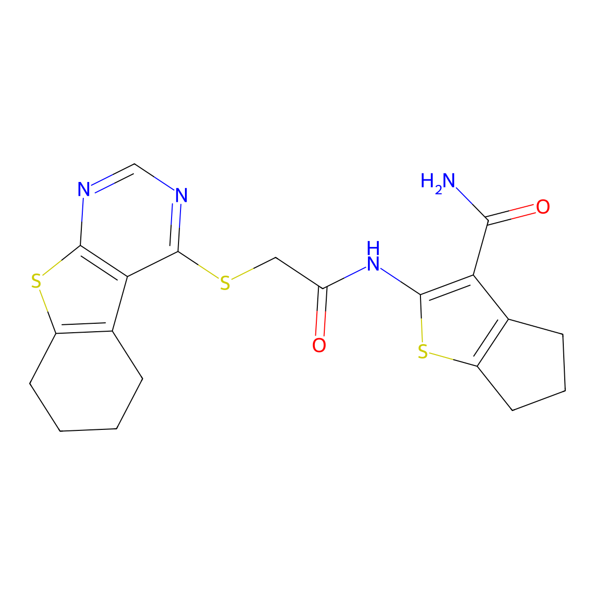 2-[[2-(5,6,7,8-tetrahydro-[1]benzothiolo[2,3-d]pyrimidin-4-ylsulfanyl)acetyl]amino]-5,6-dihydro-4H-cyclopenta[b]thiophene-3-carboxamide molecular structure, CAS 315692-91-2