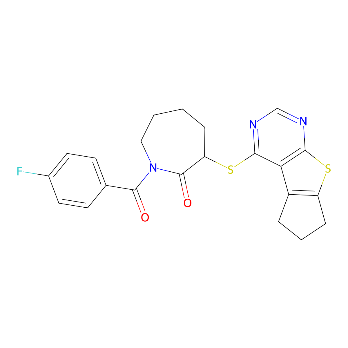 3-((6,7-dihydro-5H-cyclopenta[4,5]thieno[2,3-d]pyrimidin-4-yl)thio)-1-(4-fluorobenzoyl)azepan-2-one molecular structure, CAS 315693-02-8