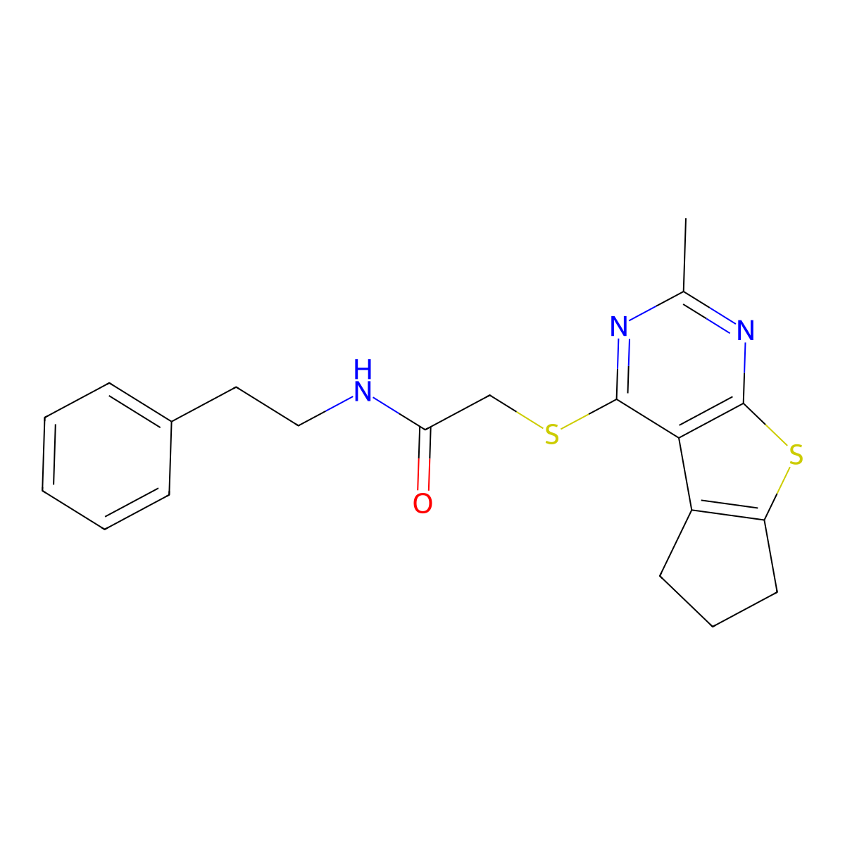 2-({10-methyl-7-thia-9,11-diazatricyclo[6.4.0.0^{2,6}]dodeca-1(8),2(6),9,11-tetraen-12-yl}sulfanyl)-N-(2-phenylethyl)acetamide molecular structure, CAS 315693-17-5