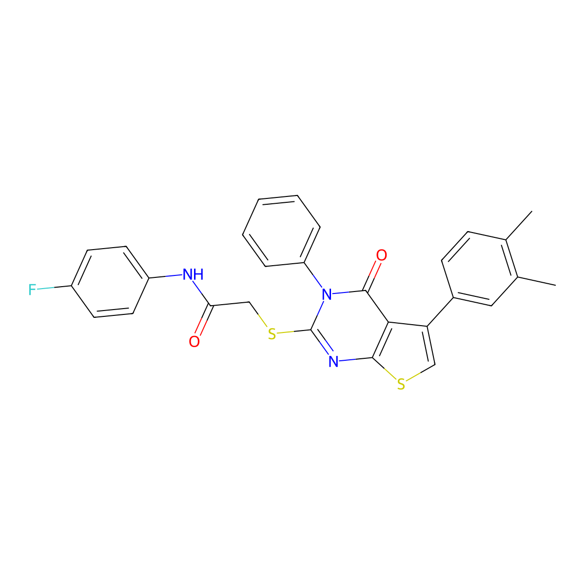2-[5-(3,4-dimethylphenyl)-4-oxo-3-phenylthieno[2,3-d]pyrimidin-2-yl]sulfanyl-N-(4-fluorophenyl)acetamide molecular structure, CAS 315693-24-4
