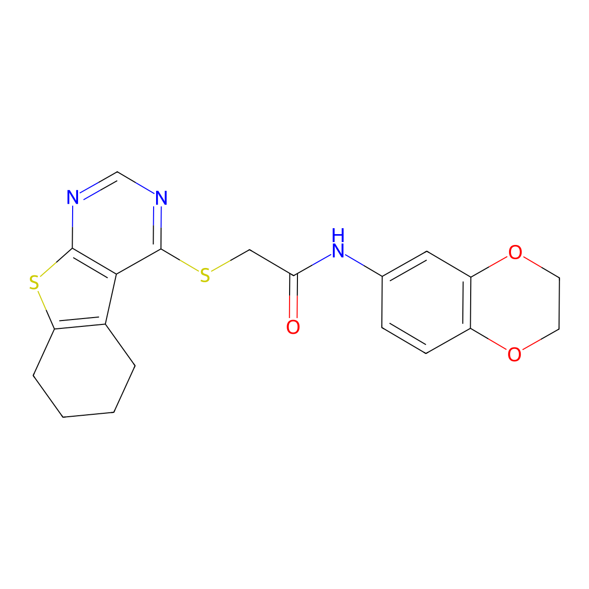 N-(2,3-dihydro-1,4-benzodioxin-6-yl)-2-(5,6,7,8-tetrahydro[1]benzothieno[2,3-d]pyrimidin-4-ylsulfanyl)acetamide molecular structure, CAS 315693-26-6