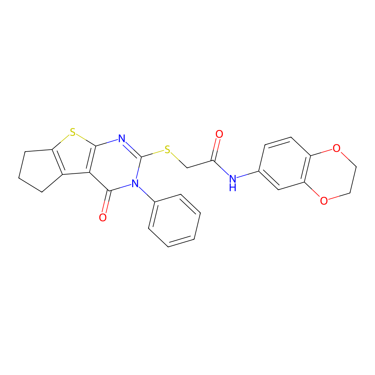 N-(2,3-dihydro-1,4-benzodioxin-6-yl)-2-[(4-oxo-3-phenyl-3,5,6,7-tetrahydro-4H-cyclopenta[4,5]thieno[2,3-d]pyrimidin-2-yl)sulfanyl]acetamide molecular structure, CAS 315693-28-8