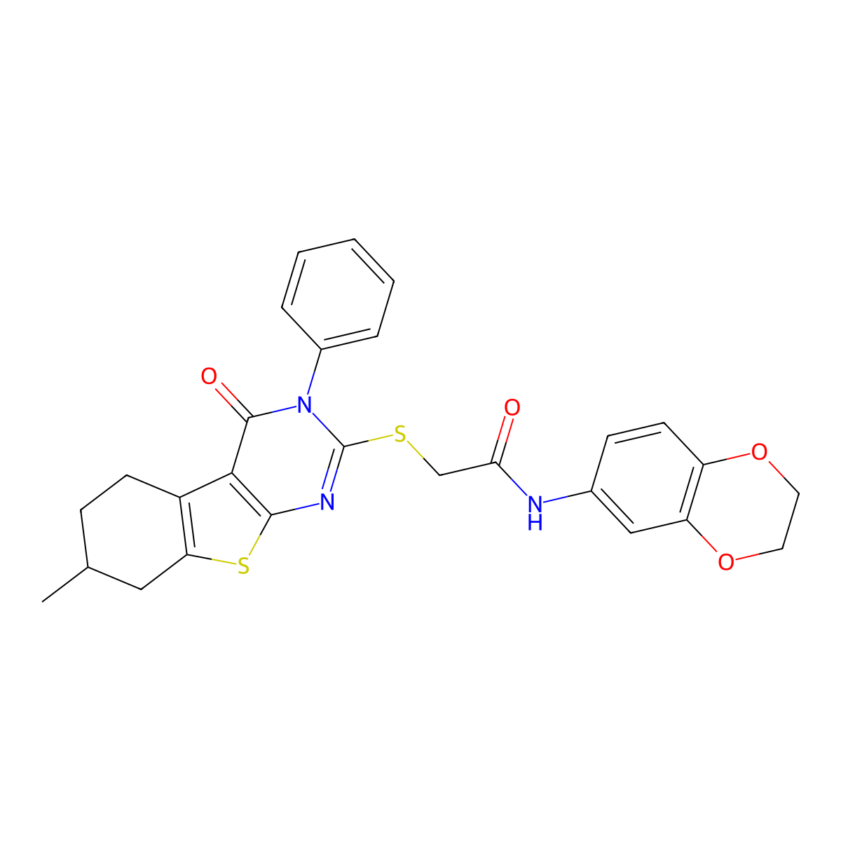 N-(2,3-dihydro-1,4-benzodioxin-6-yl)-2-[(7-methyl-4-oxo-3-phenyl-5,6,7,8-tetrahydro-[1]benzothiolo[2,3-d]pyrimidin-2-yl)sulfanyl]acetamide molecular structure, CAS 315693-66-4