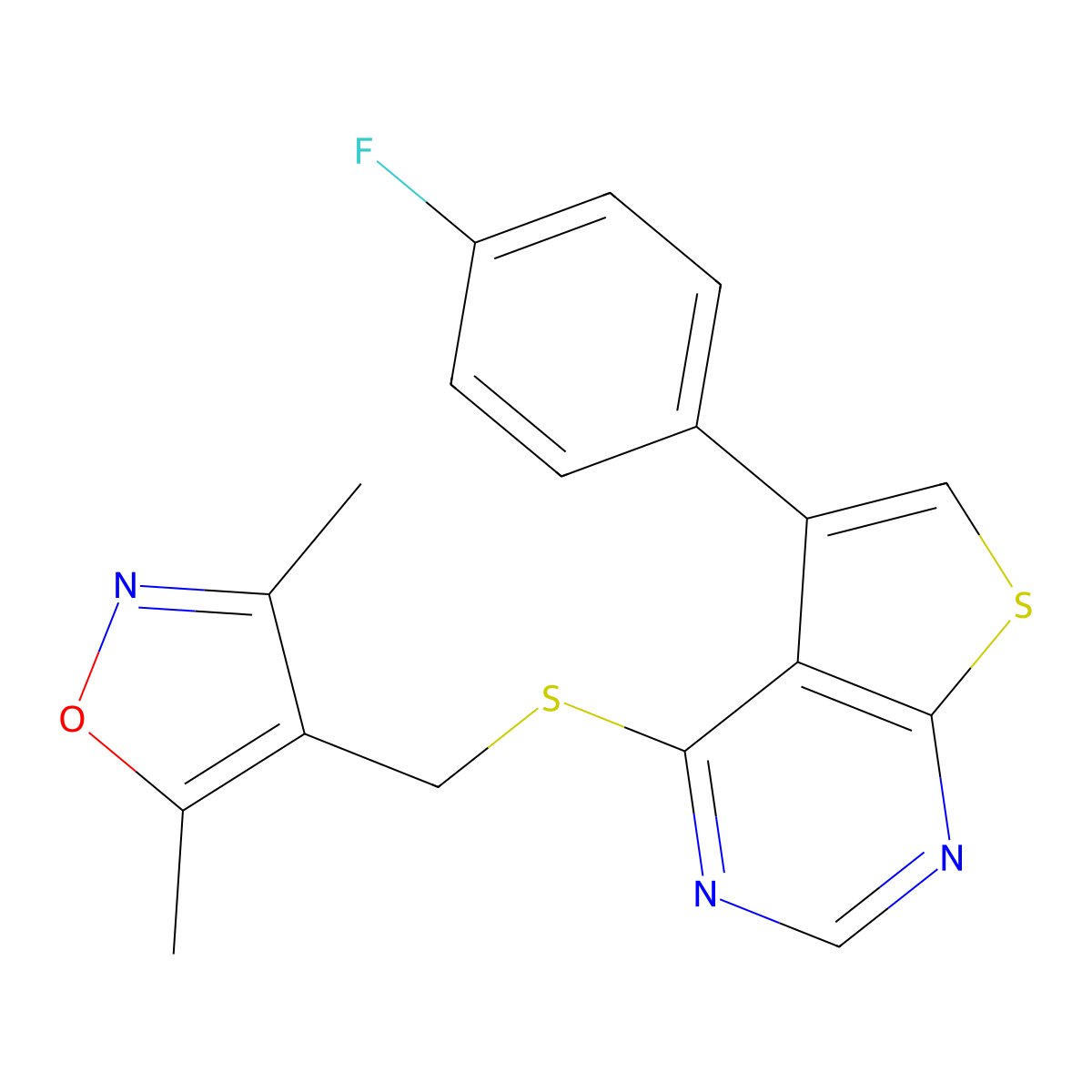 4-(((5-(4-Fluorophenyl)thieno[2,3-d]pyrimidin-4-yl)thio)methyl)-3,5-dimethylisoxazole molecular structure, CAS 315693-83-5