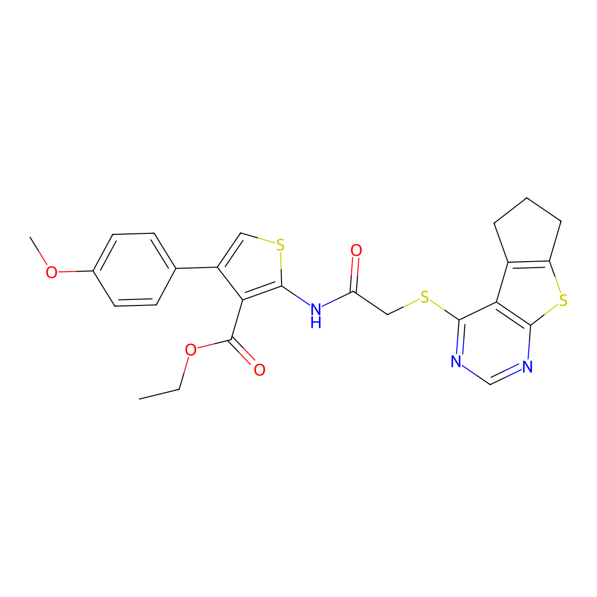 ethyl 2-(2-((6,7-dihydro-5H-cyclopenta[4,5]thieno[2,3-d]pyrimidin-4-yl)thio)acetamido)-4-(4-methoxyphenyl)thiophene-3-carboxylate molecular structure, CAS 315693-85-7