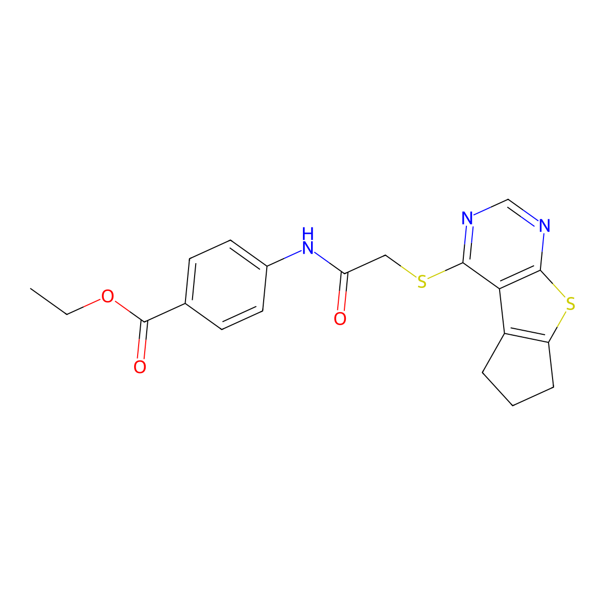 Ethyl 4-(2-{7-thia-9,11-diazatricyclo[6.4.0.0^{2,6}]dodeca-1(8),2(6),9,11-tetraen-12-ylsulfanyl}acetamido)benzoate molecular structure, CAS 315693-89-1