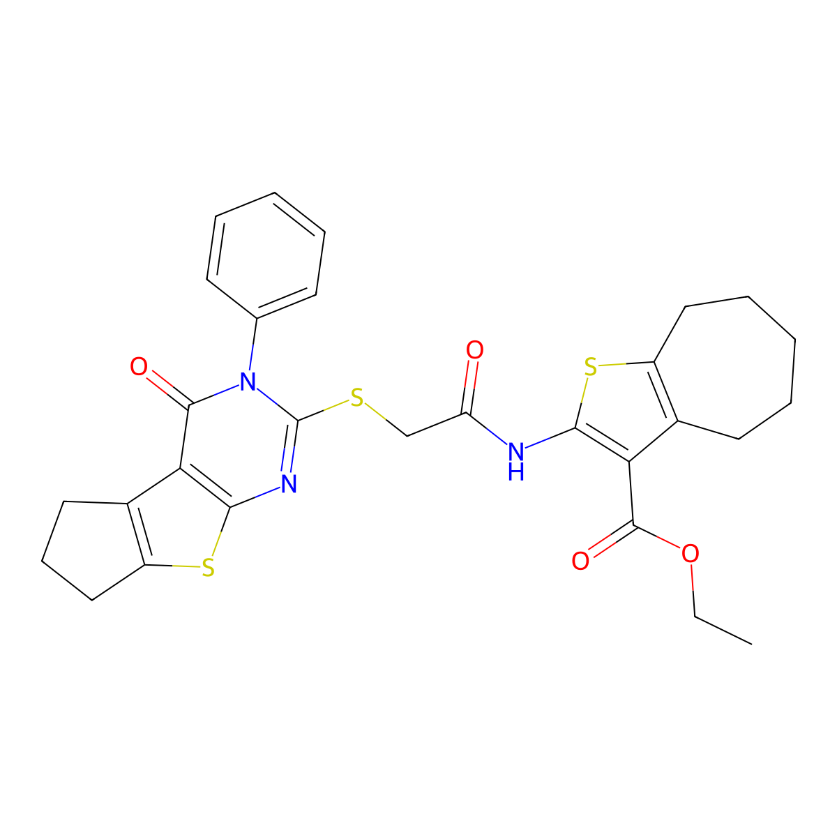 ethyl 2-(2-((4-oxo-3-phenyl-4,5,6,7-tetrahydro-3H-cyclopenta[4,5]thieno[2,3-d]pyrimidin-2-yl)thio)acetamido)-5,6,7,8-tetrahydro-4H-cyclohepta[b]thiophene-3-carboxylate molecular structure, CAS 315694-41-8