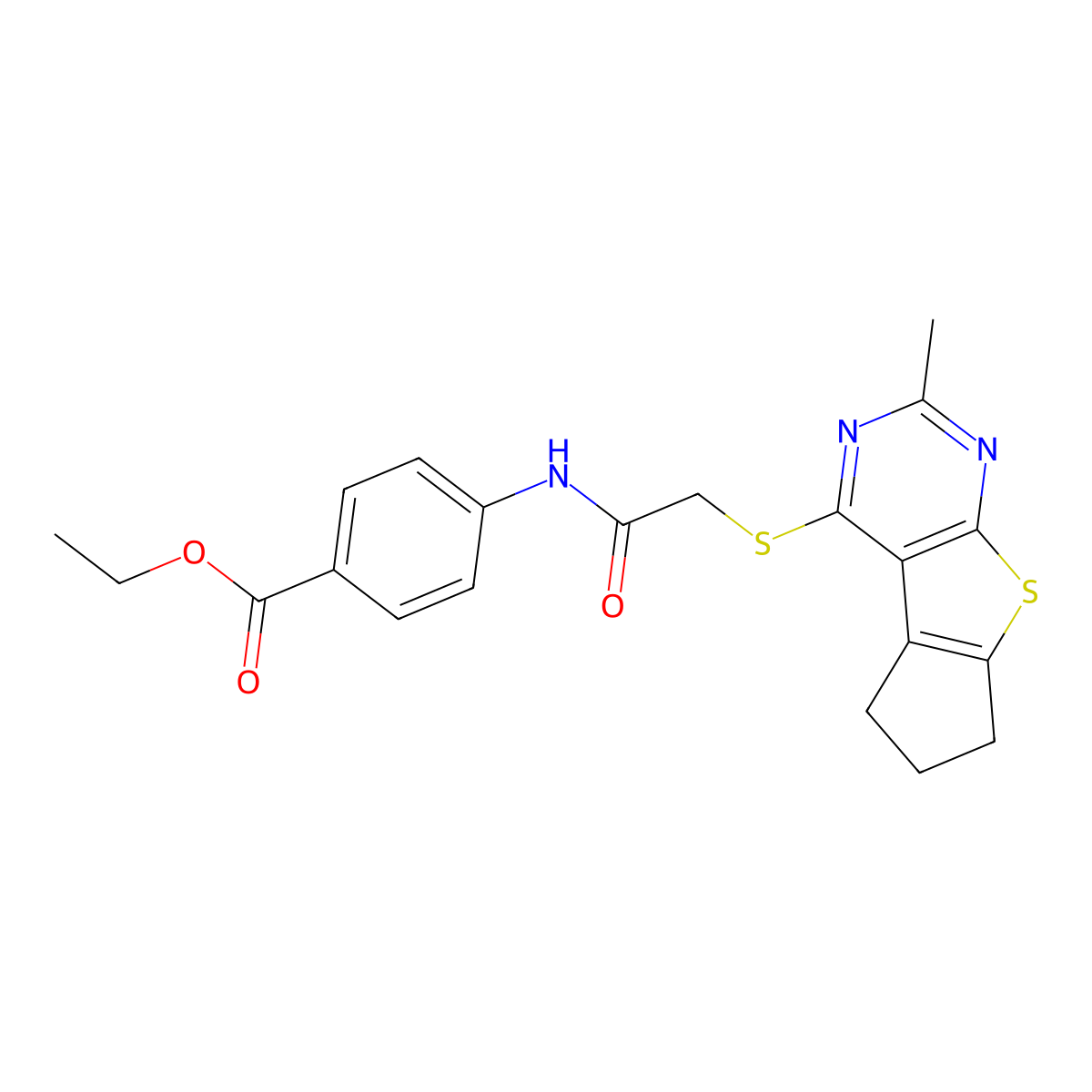Ethyl 4-[2-({10-methyl-7-thia-9,11-diazatricyclo[6.4.0.0^{2,6}]dodeca-1(8),2(6),9,11-tetraen-12-yl}sulfanyl)acetamido]benzoate molecular structure, CAS 315694-59-8