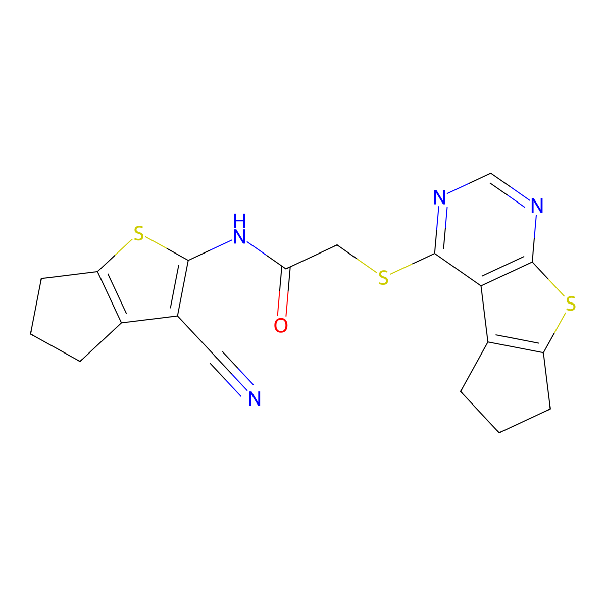 N-(3-Cyano-5,6-dihydro-4H-cyclopenta[b]thiophen-2-yl)-2-(7-thia-9,11-diazatricyclo[6.4.0.02,6]dodeca-1(8),2(6),9,11-tetraen-12-ylsulfanyl)acetamide molecular structure, CAS 315694-61-2