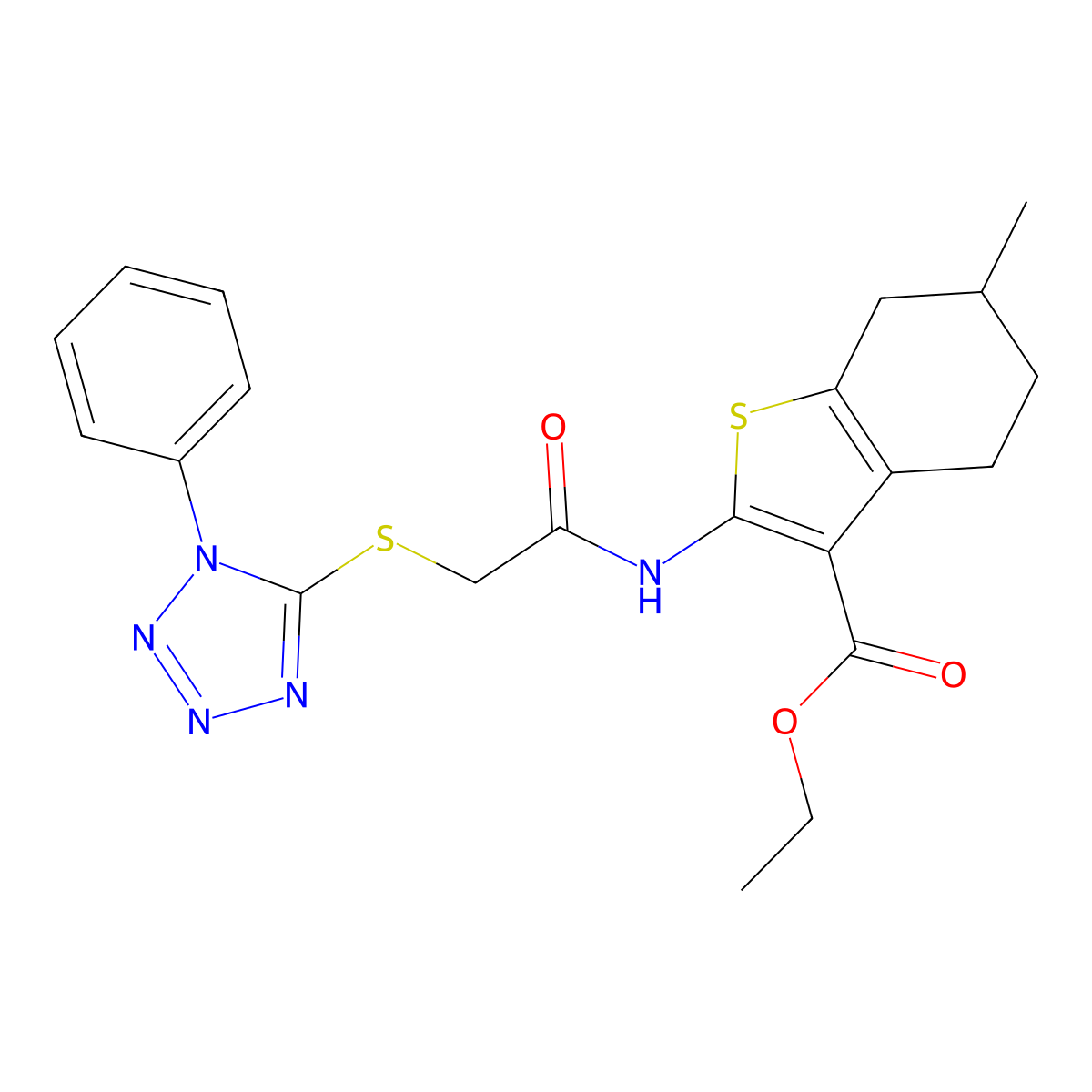 ethyl 6-methyl-2-({[(1-phenyl-1H-tetrazol-5-yl)thio]acetyl}amino)-4,5,6,7-tetrahydro-1-benzothiophene-3-carboxylate molecular structure, CAS 315694-65-6