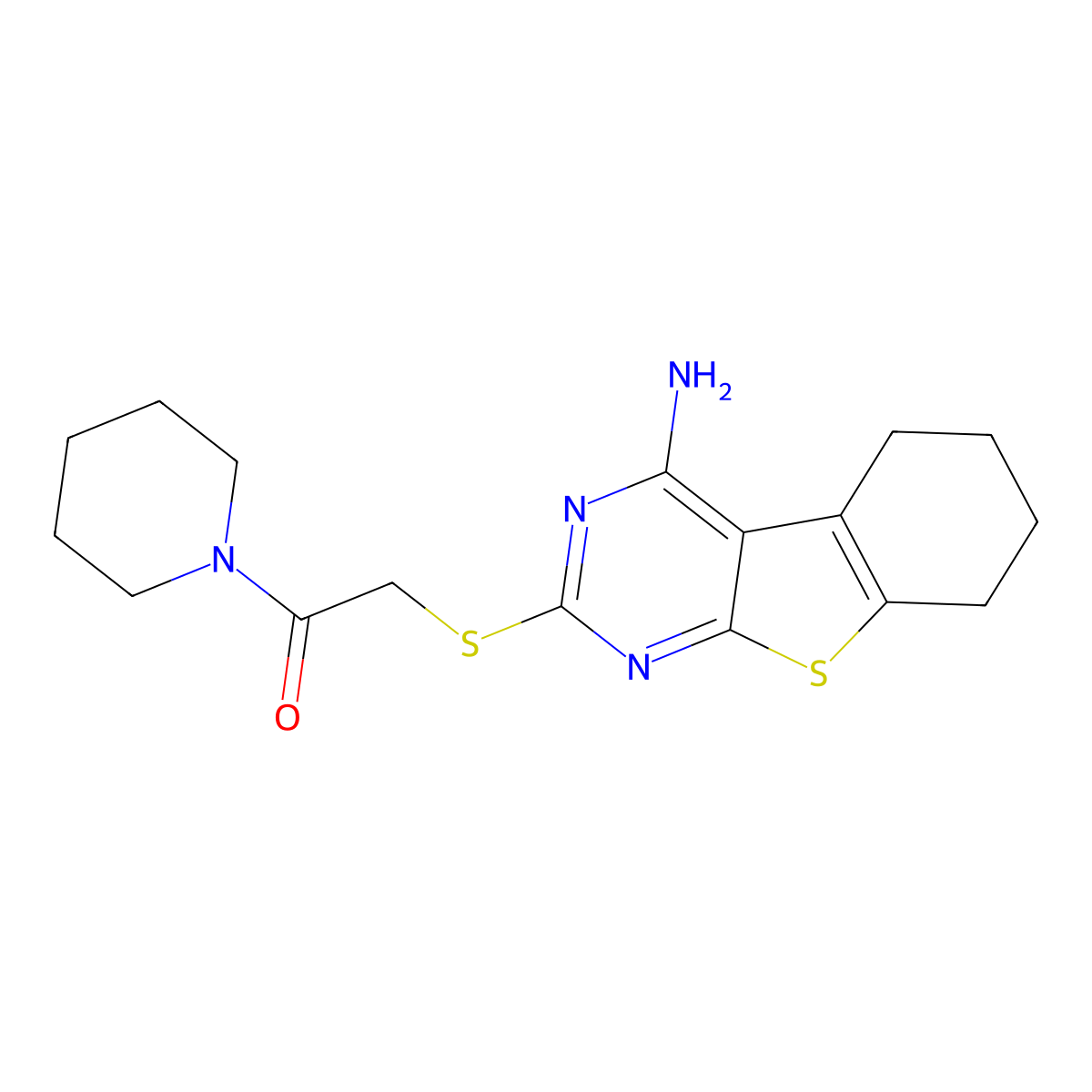 2-[(4-Amino-5,6,7,8-tetrahydro-[1]benzothiolo[2,3-d]pyrimidin-2-yl)sulfanyl]-1-piperidin-1-ylethanone molecular structure, CAS 315695-22-8