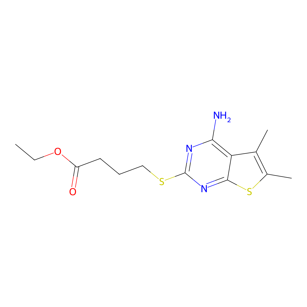 Ethyl 4-(4-amino-5,6-dimethylthiopheno[2,3-d]pyrimidin-2-ylthio)butanoate molecular structure, CAS 315695-25-1