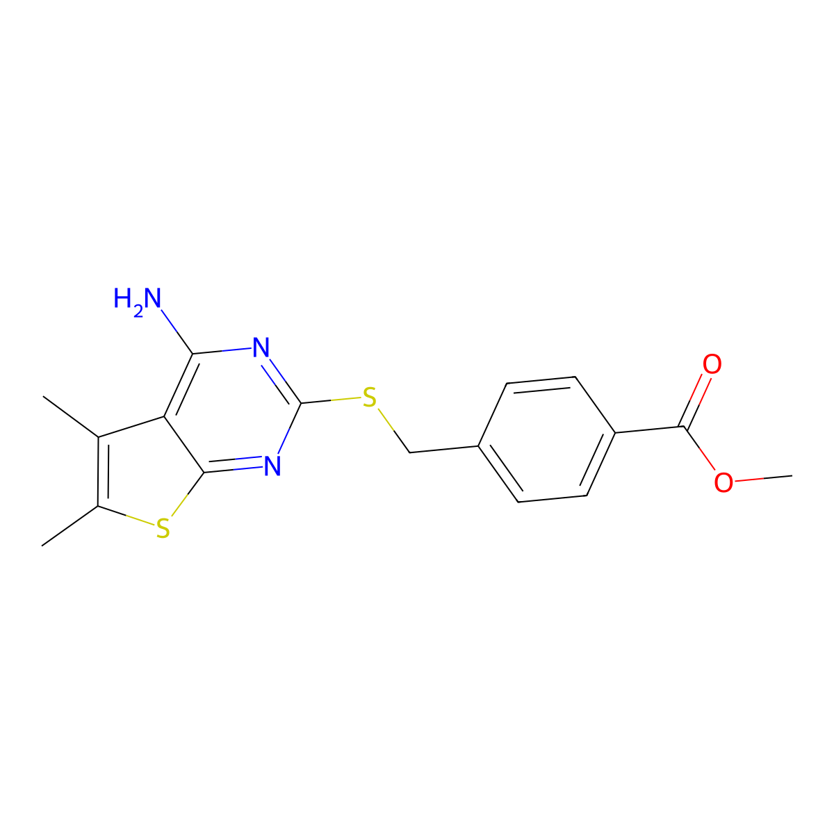Methyl 4-{[(4-amino-5,6-dimethylthieno[2,3-d]pyrimidin-2-yl)sulfanyl]methyl}benzoate molecular structure, CAS 315695-29-5