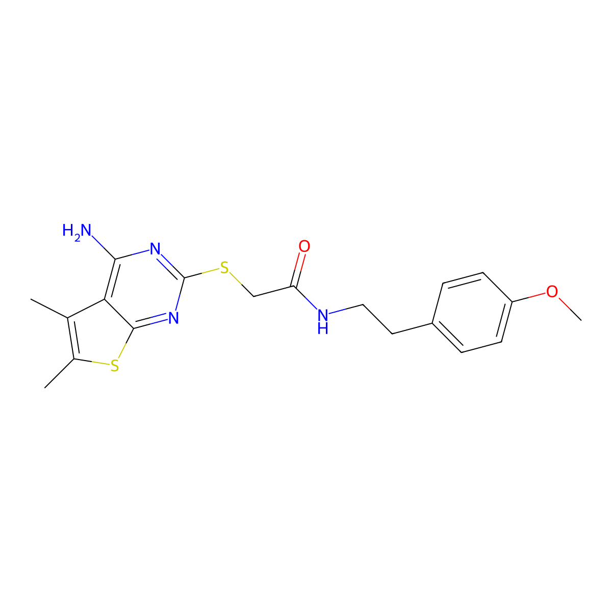 2-((4-amino-5,6-dimethylthieno[2,3-d]pyrimidin-2-yl)thio)-N-(4-methoxyphenethyl)acetamide molecular structure, CAS 315695-30-8