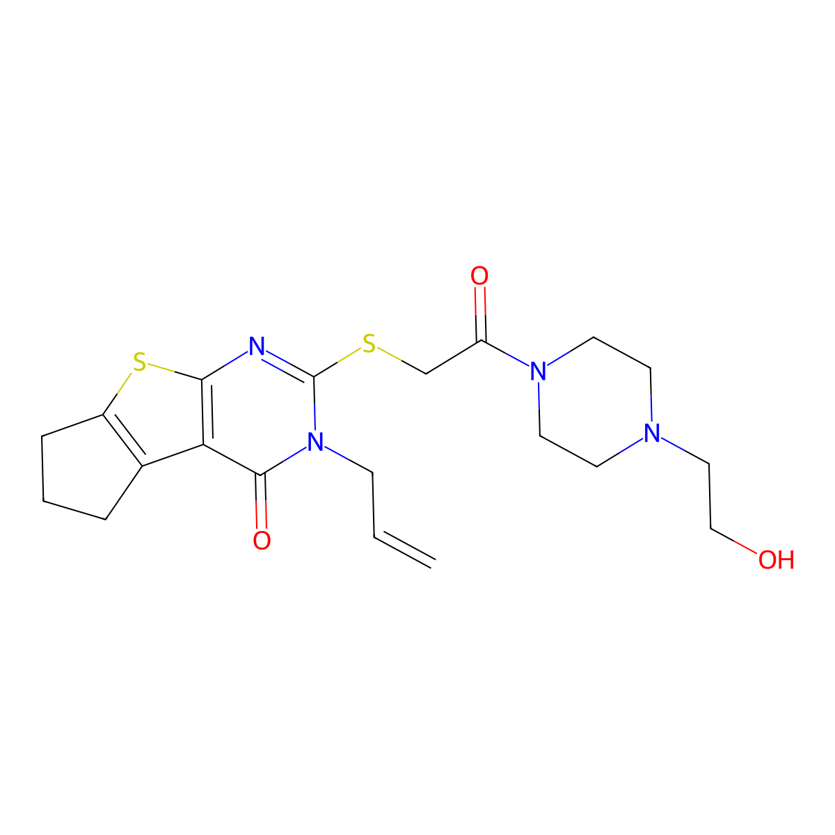 3-allyl-2-((2-(4-(2-hydroxyethyl)piperazin-1-yl)-2-oxoethyl)thio)-6,7-dihydro-3H-cyclopenta[4,5]thieno[2,3-d]pyrimidin-4(5H)-one molecular structure, CAS 315695-58-0