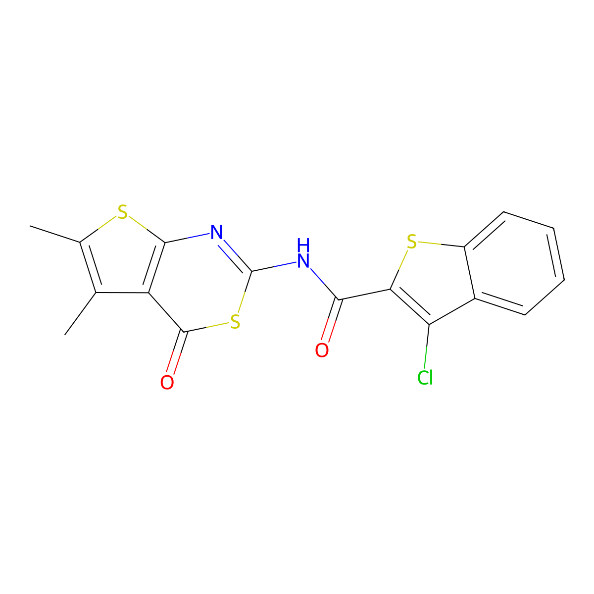 3-chloro-N-(5,6-dimethyl-4-oxo-4H-thieno[2,3-d][1,3]thiazin-2-yl)benzo[b]thiophene-2-carboxamide molecular structure, CAS 315695-76-2