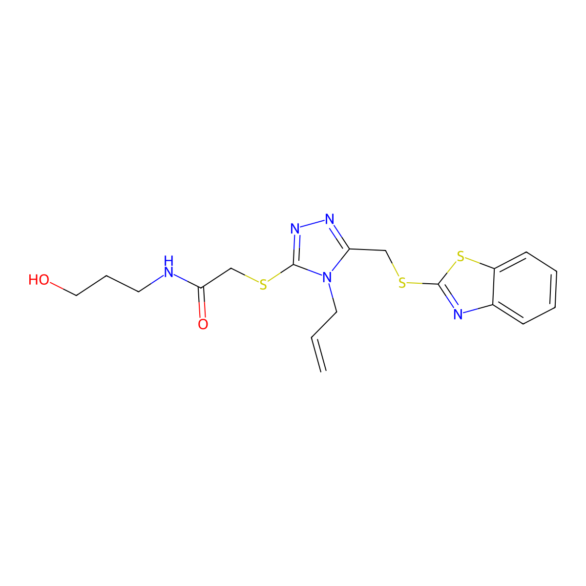 2-[[5-(1,3-benzothiazol-2-ylsulfanylmethyl)-4-prop-2-enyl-1,2,4-triazol-3-yl]sulfanyl]-N-(3-hydroxypropyl)acetamide molecular structure, CAS 315695-84-2
