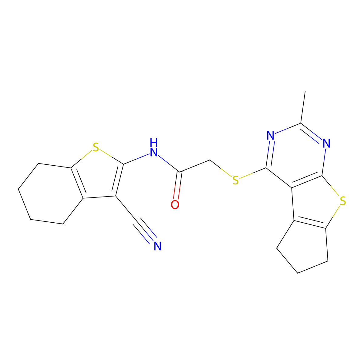 N-(3-cyano-4,5,6,7-tetrahydro-1-benzothiophen-2-yl)-2-({10-methyl-7-thia-9,11-diazatricyclo[6.4.0.0^{2,6}]dodeca-1(8),2(6),9,11-tetraen-12-yl}sulfanyl)acetamide molecular structure, CAS 315696-19-6