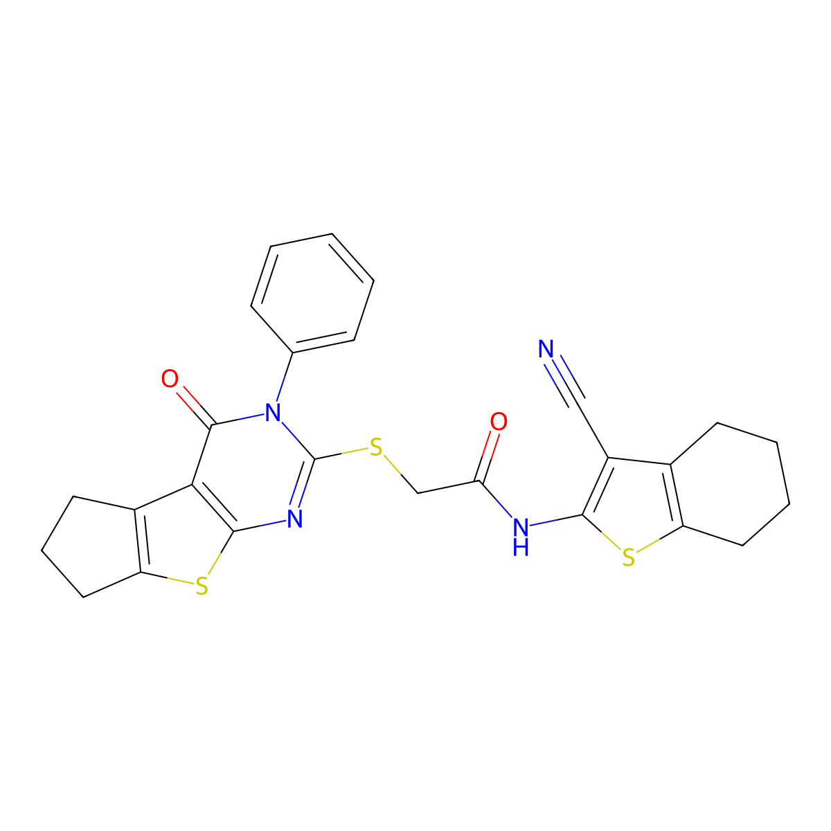 N-(3-cyano-4,5,6,7-tetrahydro-1-benzothien-2-yl)-2-[(4-oxo-3-phenyl-3,5,6,7-tetrahydro-4H-cyclopenta[4,5]thieno[2,3-d]pyrimidin-2-yl)sulfanyl]acetamide molecular structure, CAS 315696-21-0