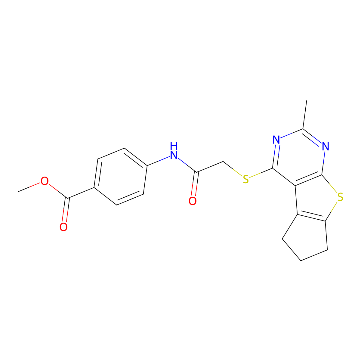 Methyl 4-[2-({10-methyl-7-thia-9,11-diazatricyclo[6.4.0.0^{2,6}]dodeca-1(8),2(6),9,11-tetraen-12-yl}sulfanyl)acetamido]benzoate molecular structure, CAS 315696-37-8