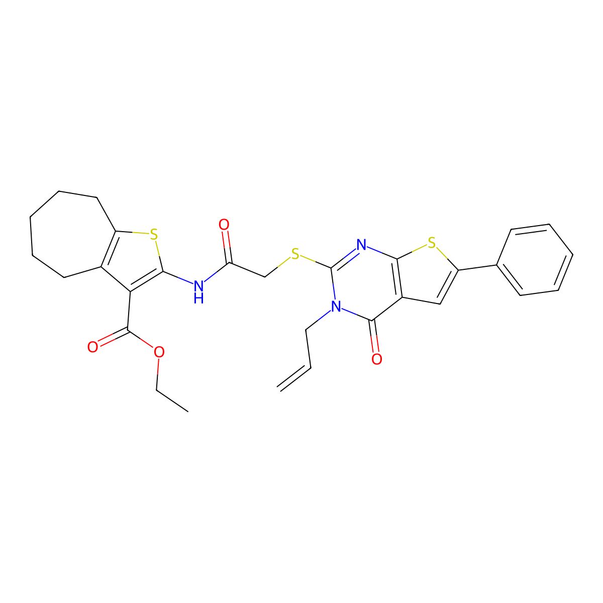 ethyl 2-[[2-(4-oxo-6-phenyl-3-prop-2-enylthieno[2,3-d]pyrimidin-2-yl)sulfanylacetyl]amino]-5,6,7,8-tetrahydro-4H-cyclohepta[b]thiophene-3-carboxylate molecular structure, CAS 315696-48-1