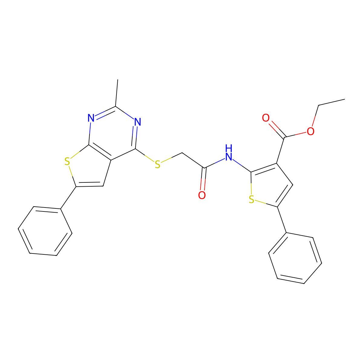 Ethyl 2-[[2-(2-methyl-6-phenylthieno[2,3-d]pyrimidin-4-yl)sulfanylacetyl]amino]-5-phenylthiophene-3-carboxylate molecular structure, CAS 315696-94-7