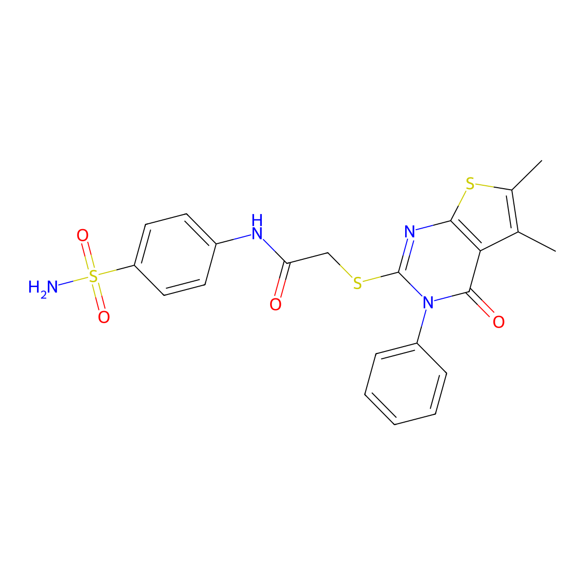 2-((5,6-dimethyl-4-oxo-3-phenyl-3,4-dihydrothieno[2,3-d]pyrimidin-2-yl)thio)-N-(4-sulfamoylphenyl)acetamide molecular structure, CAS 315696-97-0