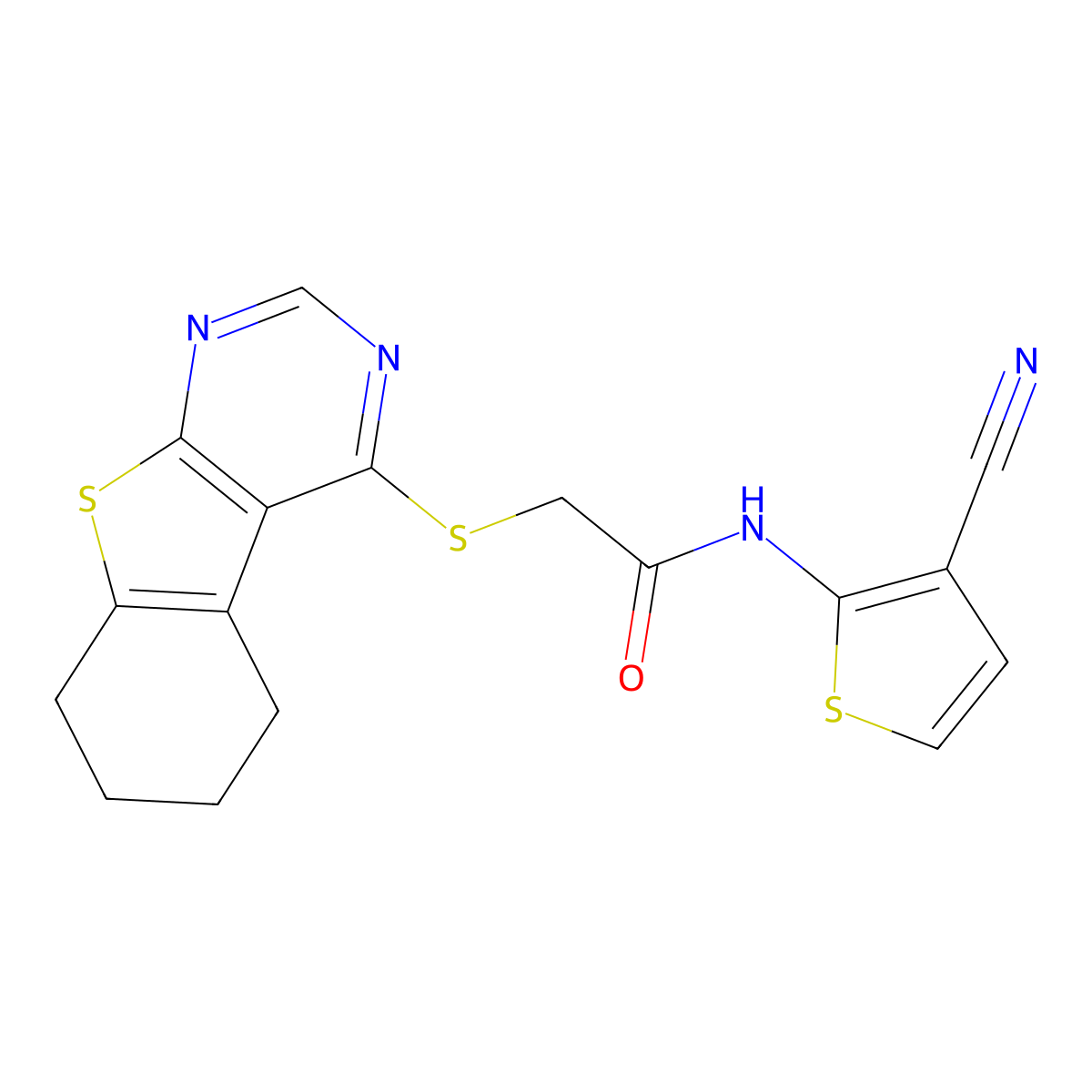 N-(3-cyanothiophen-2-yl)-2-(5,6,7,8-tetrahydro-[1]benzothiolo[2,3-d]pyrimidin-4-ylsulfanyl)acetamide molecular structure, CAS 315697-13-3