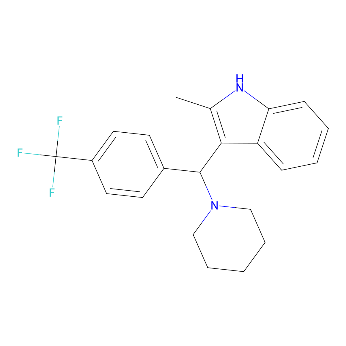 2-methyl-3-(piperidin-1-yl(4-(trifluoromethyl)phenyl)methyl)-1H-indole molecular structure, CAS 315697-87-1