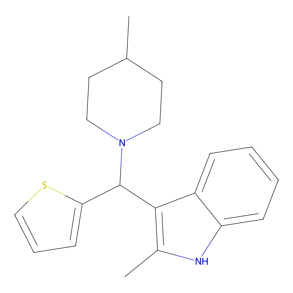 2-methyl-3-[(4-methylpiperidin-1-yl)(thiophen-2-yl)methyl]-1H-indole molecular structure, CAS 315698-20-5