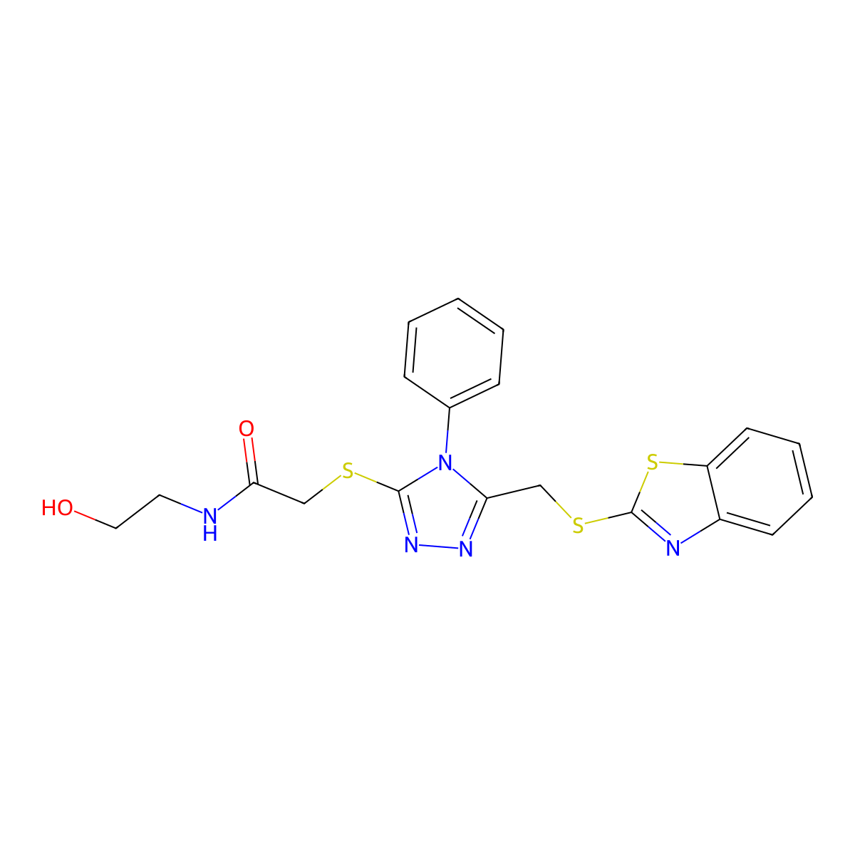 2-[[5-(1,3-benzothiazol-2-ylsulfanylmethyl)-4-phenyl-1,2,4-triazol-3-yl]sulfanyl]-N-(2-hydroxyethyl)acetamide molecular structure, CAS 315702-28-4