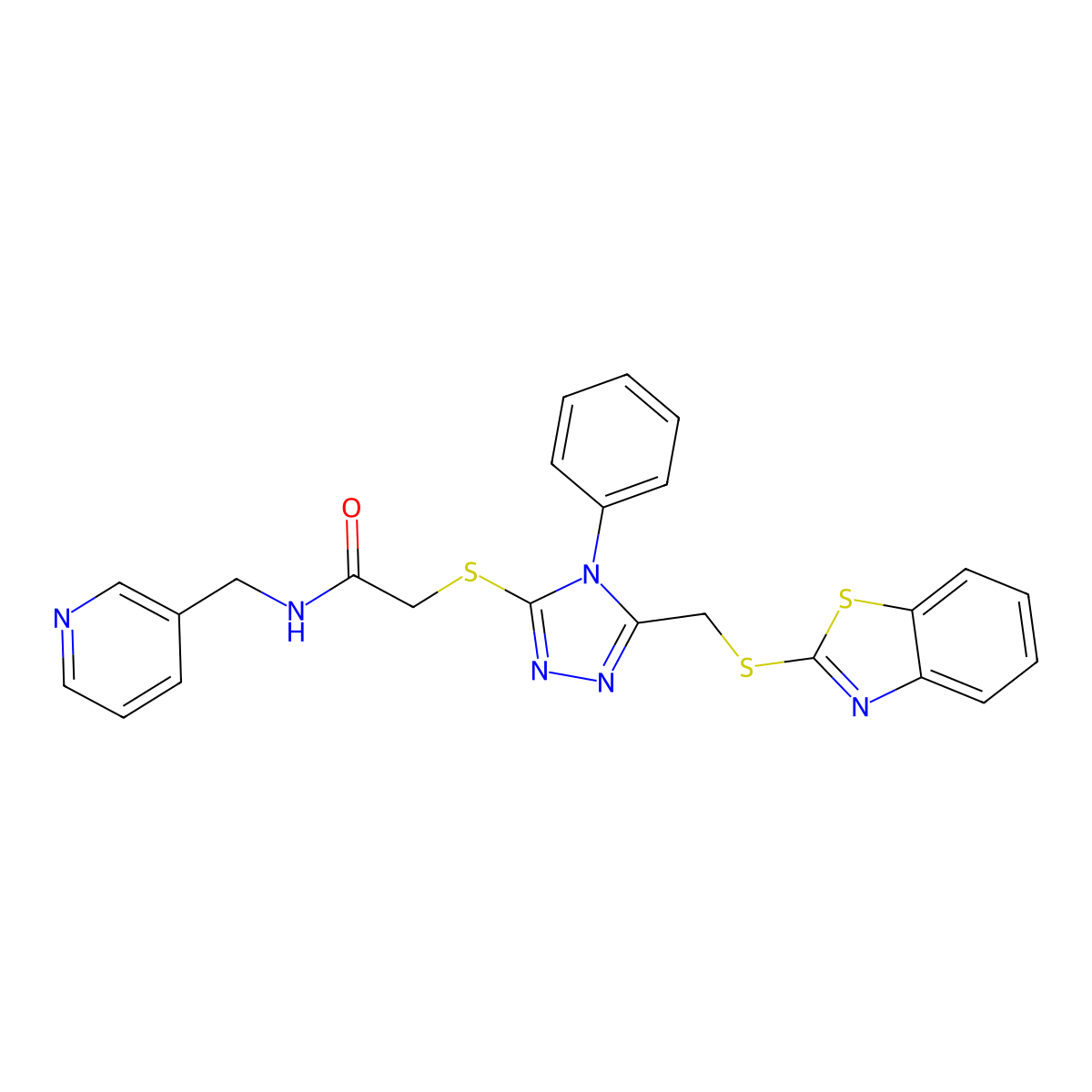 2-((5-((benzo[d]thiazol-2-ylthio)methyl)-4-phenyl-4H-1,2,4-triazol-3-yl)thio)-N-(pyridin-3-ylmethyl)acetamide molecular structure, CAS 315702-30-8