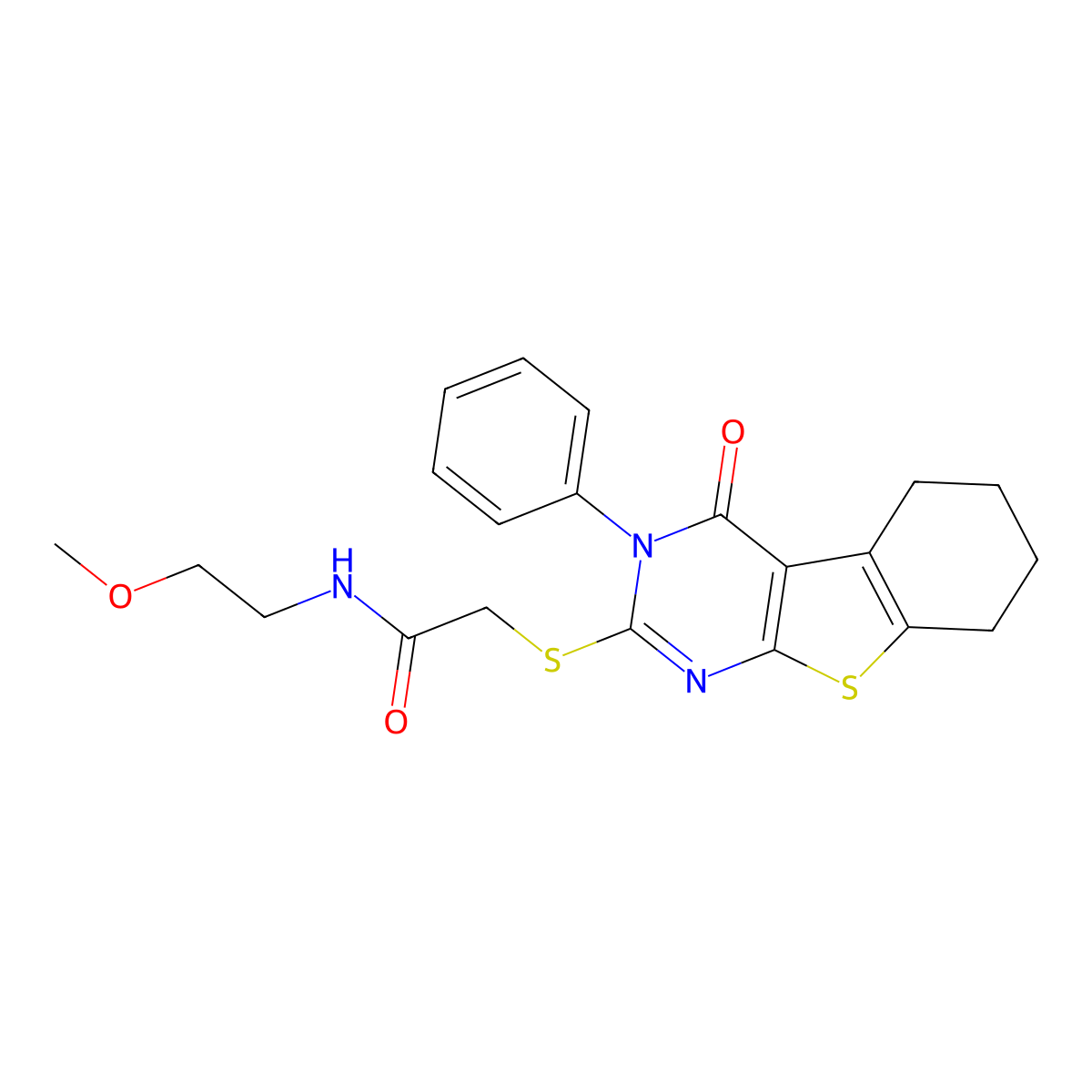 N-(2-methoxyethyl)-2-[(4-oxo-3-phenyl-5,6,7,8-tetrahydro-[1]benzothiolo[2,3-d]pyrimidin-2-yl)sulfanyl]acetamide molecular structure, CAS 315702-34-2