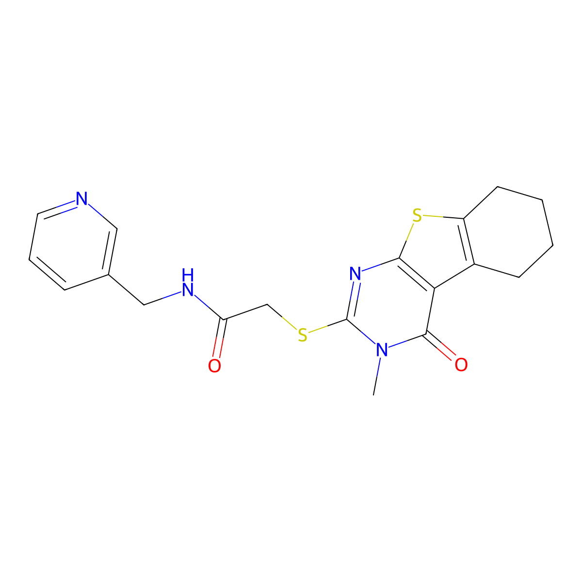 2-(3-methyl-4-oxo(3,5,6,7,8-pentahydrobenzo[b]thiopheno[2,3-d]pyrimidin-2-ylth io))-N-(3-pyridylmethyl)acetamide molecular structure, CAS 315702-36-4