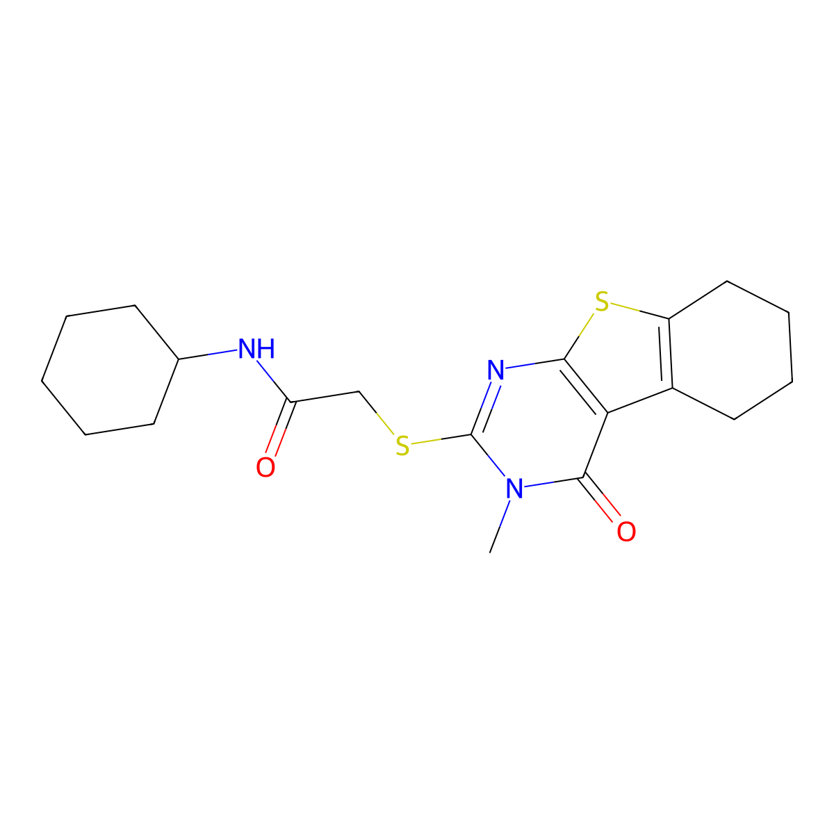 N-cyclohexyl-2-[(3-methyl-4-oxo-5,6,7,8-tetrahydro-[1]benzothiolo[2,3-d]pyrimidin-2-yl)sulfanyl]acetamide molecular structure, CAS 315702-37-5