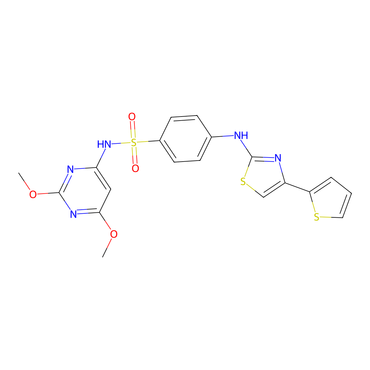 N-(2,6-dimethoxypyrimidin-4-yl)-4-[(4-thiophen-2-yl-1,3-thiazol-2-yl)amino]benzenesulfonamide molecular structure, CAS 315702-54-6
