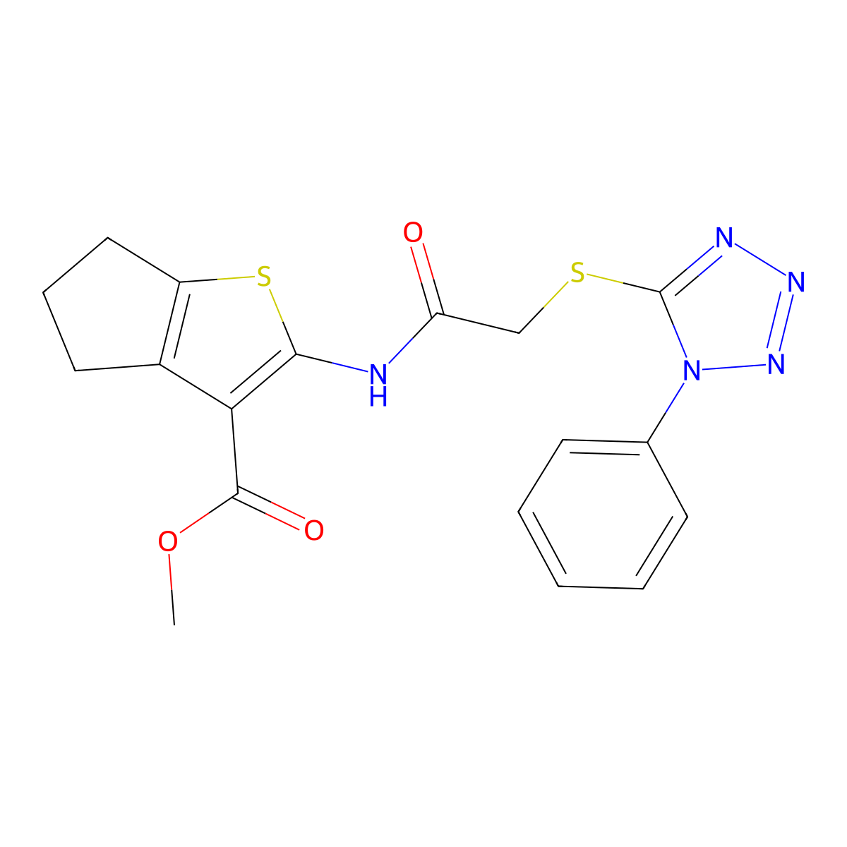 methyl 2-({[(1-phenyl-1H-tetrazol-5-yl)sulfanyl]acetyl}amino)-5,6-dihydro-4H-cyclopenta[b]thiophene-3-carboxylate molecular structure, CAS 315707-67-6